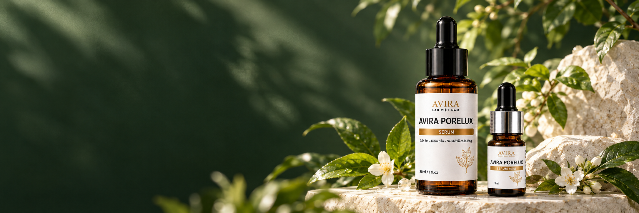 AVIRA PORELUX 30 ml và Mini 5 ml giữa lá xanh và ánh nắng